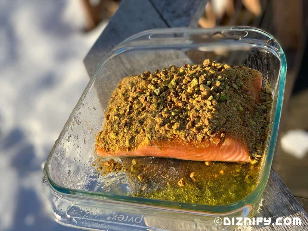 salmon coated in pistachios and spices