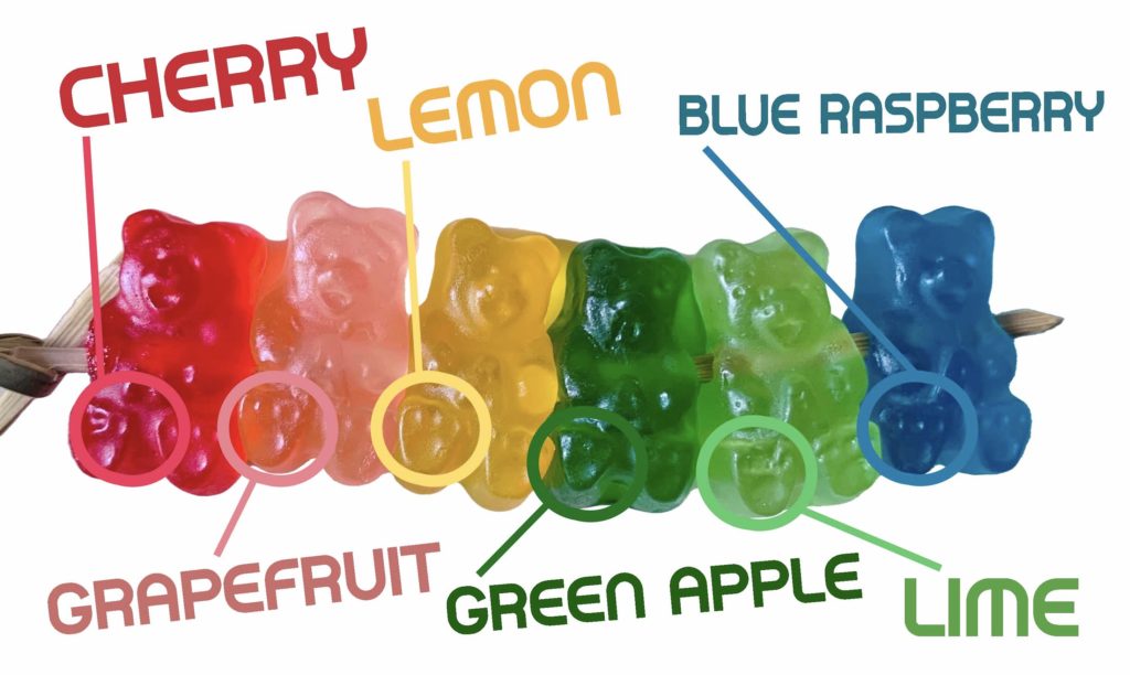 cherry, grapefruit, lemon, green apple, lime and blue raspberry gummy bears on a skewer